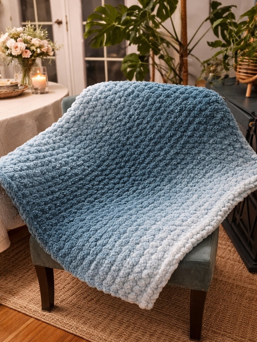Cozy Navy Blue Gradient Plush Hand Knit Baby Blanket